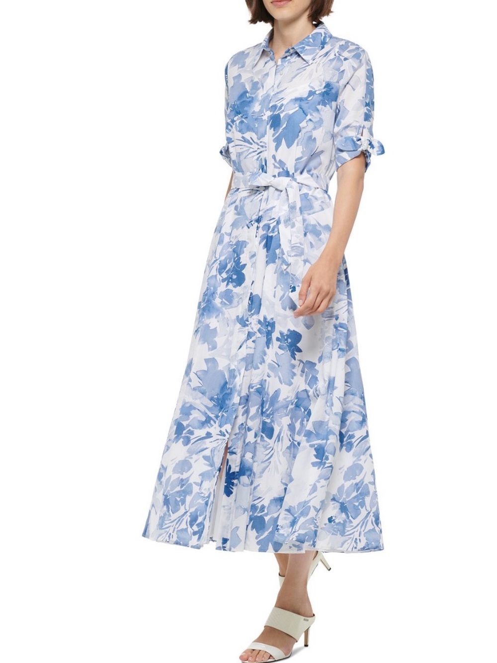 Calvin Klein Women's Blue Floral Shirt Dress with Waist Tie
